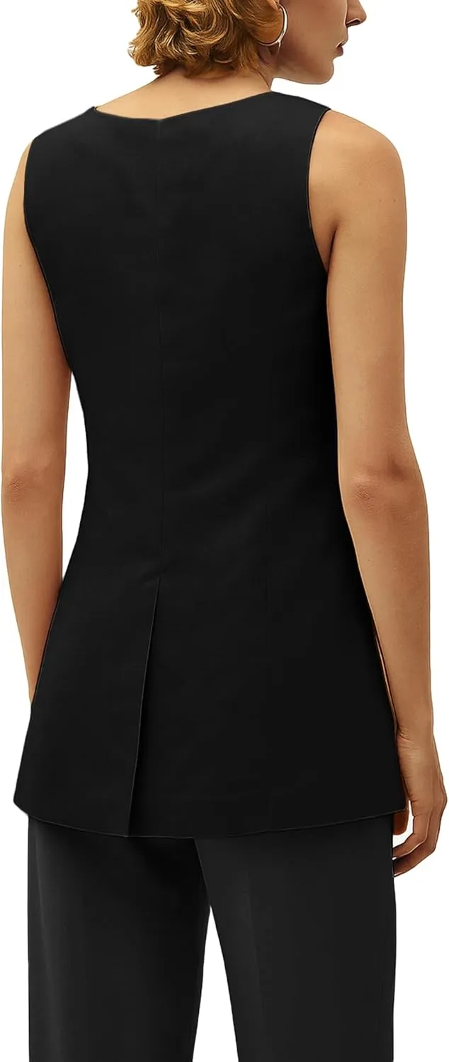 2025 Women's Summer Linen Vest Blazer Long Y2K Lightweight Fully-Lined V-Neck Fashion Casual Jackets Tops Pockets