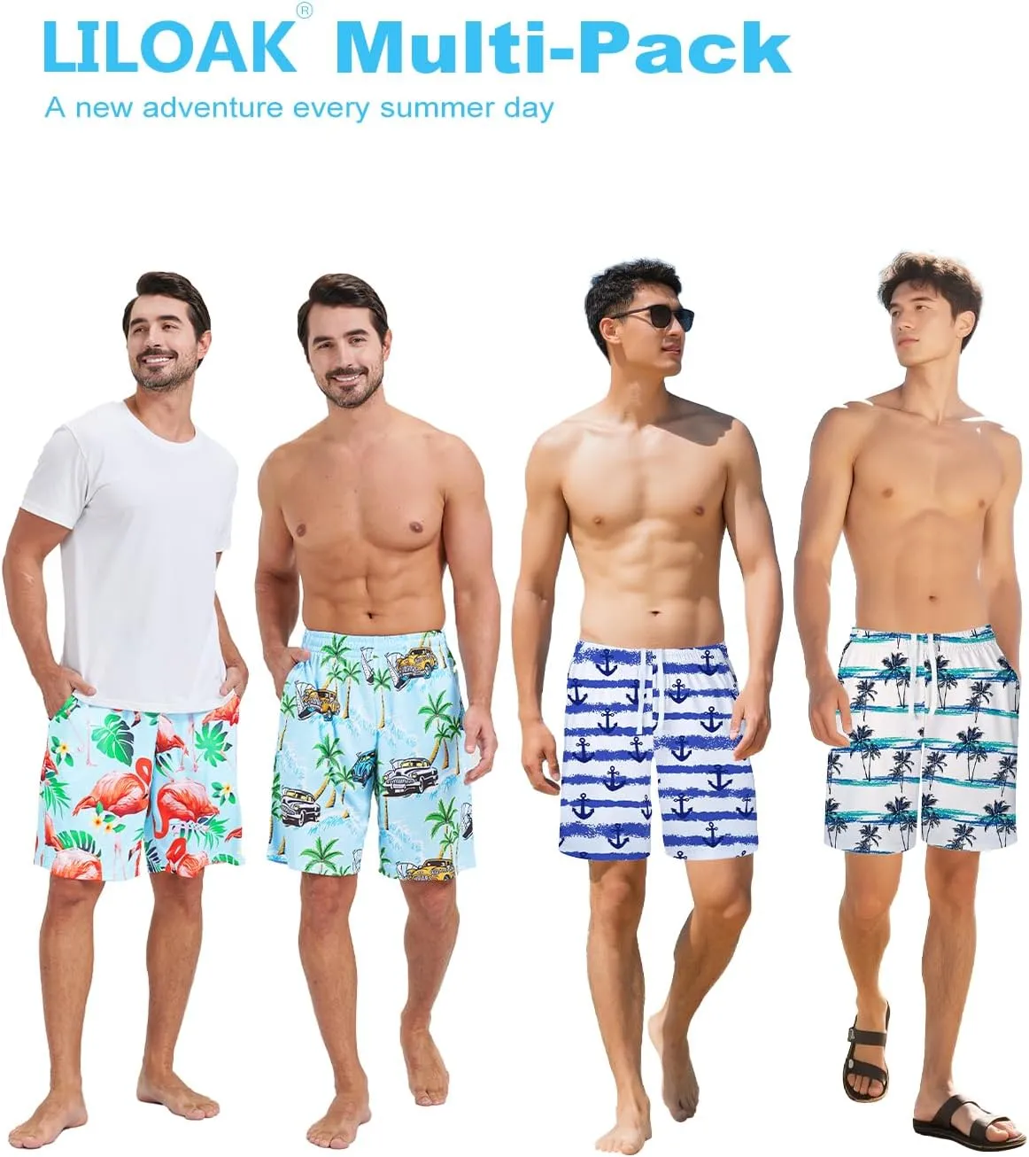 2/3/4 Pack Men's Beach Shorts Casual 9" Inseam Elastic Waist Drawstring Quick Dry Board Shorts with Pockets