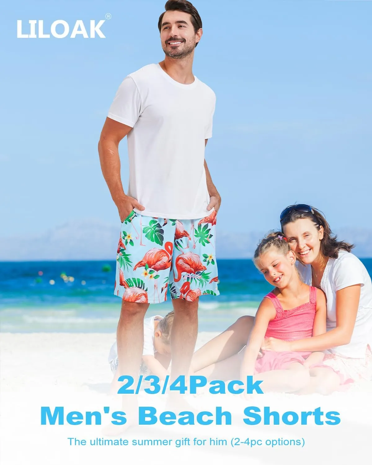 2/3/4 Pack Men's Beach Shorts Casual 9" Inseam Elastic Waist Drawstring Quick Dry Board Shorts with Pockets