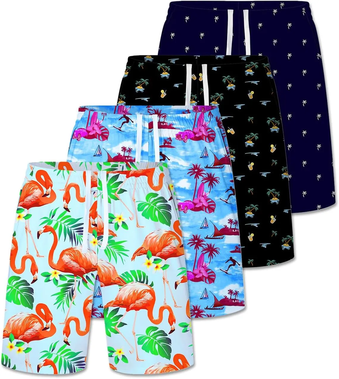 2/3/4 Pack Men's Beach Shorts Casual 9" Inseam Elastic Waist Drawstring Quick Dry Board Shorts with Pockets