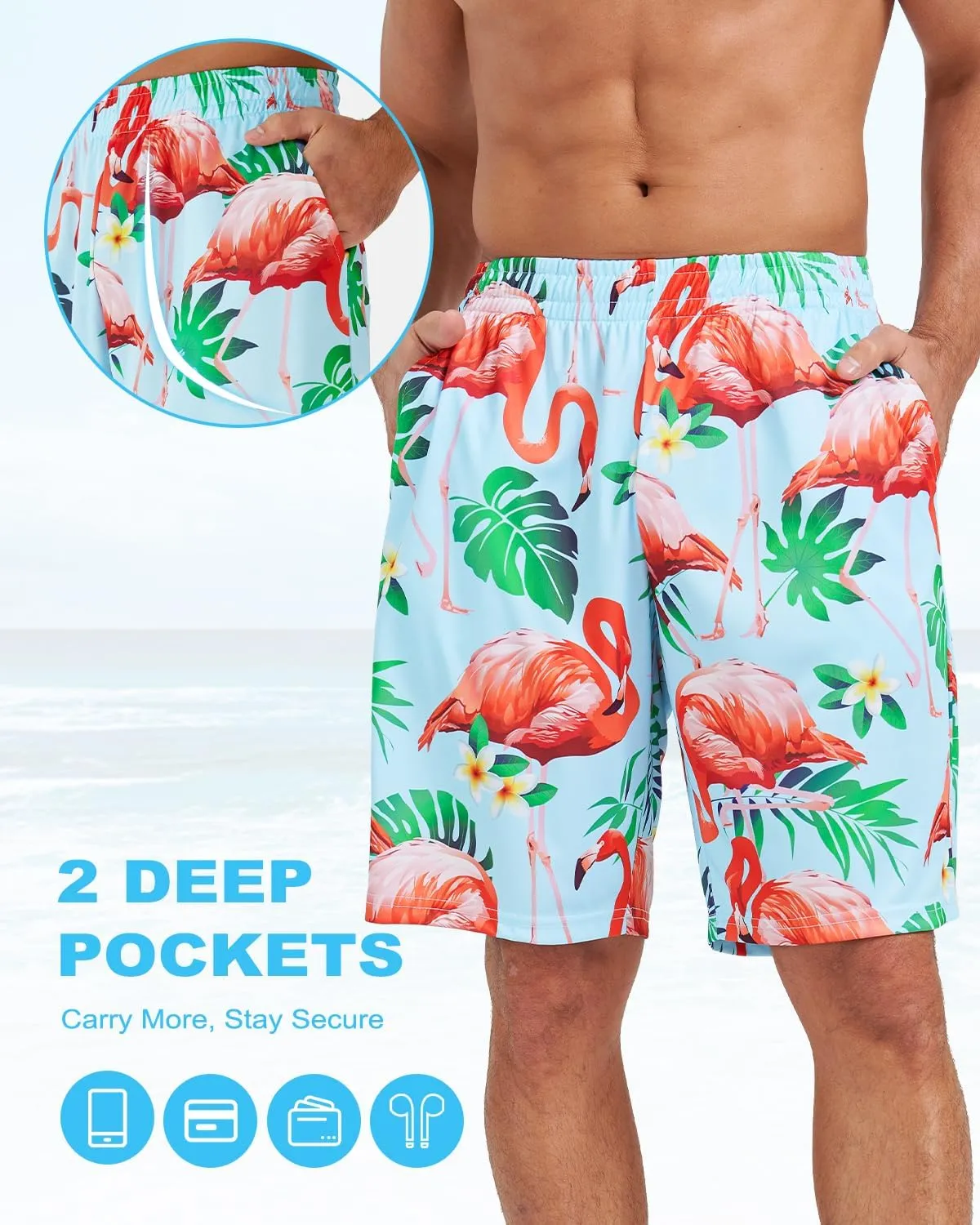 2/3/4 Pack Men's Beach Shorts Casual 9" Inseam Elastic Waist Drawstring Quick Dry Board Shorts with Pockets
