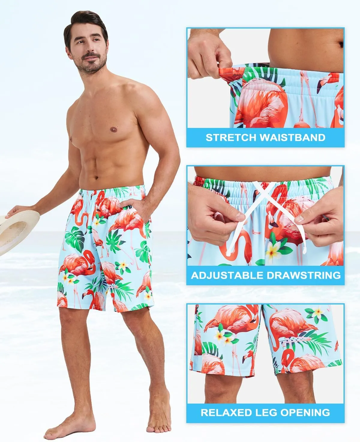 2/3/4 Pack Men's Beach Shorts Casual 9" Inseam Elastic Waist Drawstring Quick Dry Board Shorts with Pockets