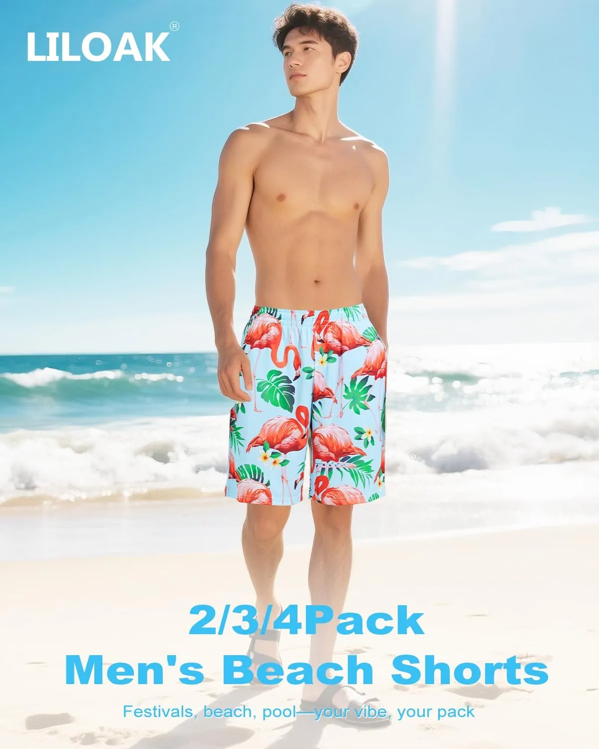 2/3/4 Pack Men's Beach Shorts Casual 9" Inseam Elastic Waist Drawstring Quick Dry Board Shorts with Pockets