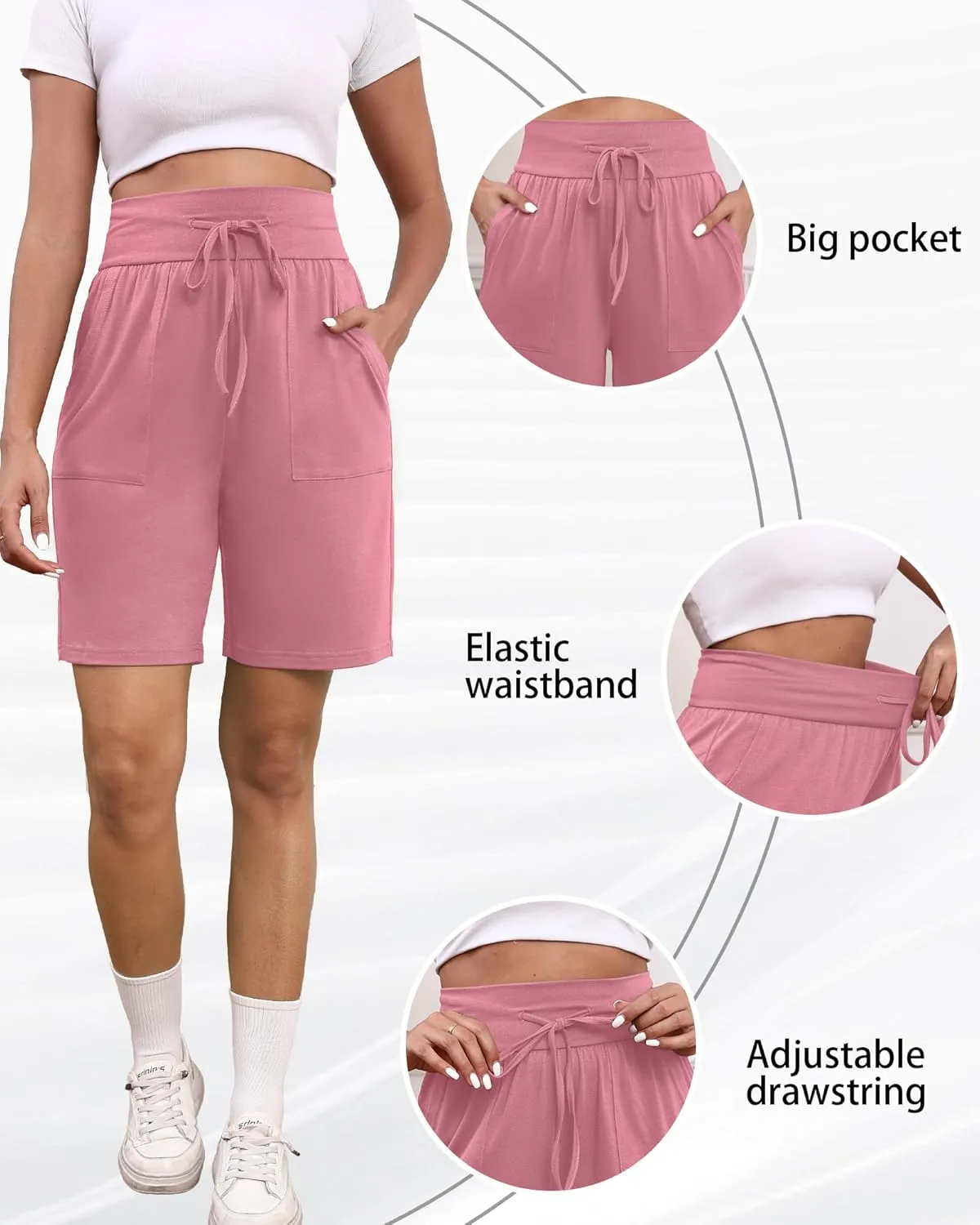 3 Pack Women's Bermuda Shorts High Waist Cotton Drawstring Casual Lounge Athletic Knee Long Shorts with Pockets