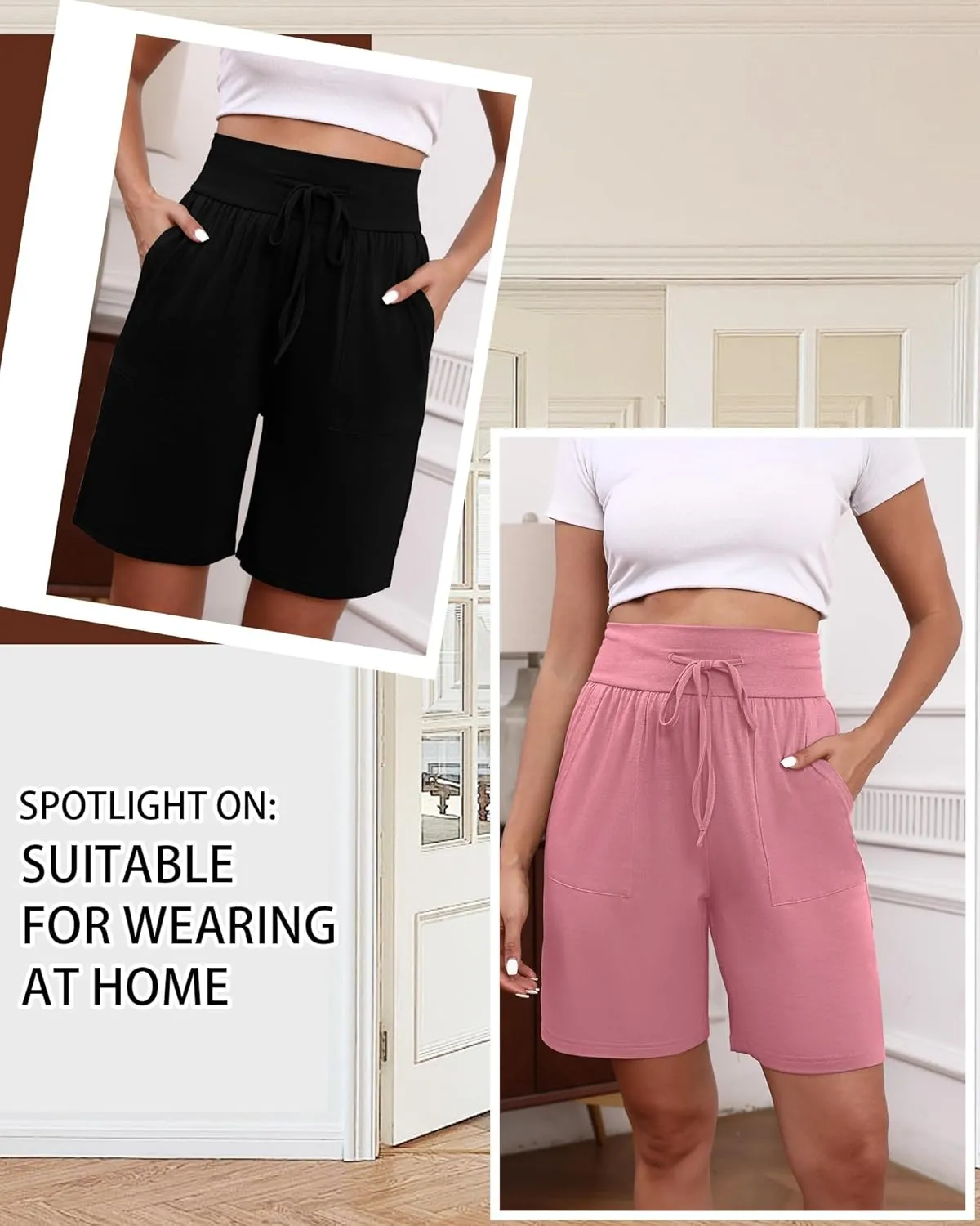 3 Pack Women's Bermuda Shorts High Waist Cotton Drawstring Casual Lounge Athletic Knee Long Shorts with Pockets