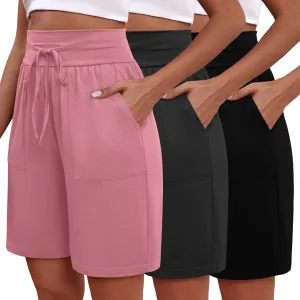 3 Pack Women's Bermuda Shorts High Waist Cotton Drawstring Casual Lounge Athletic Knee Long Shorts with Pockets