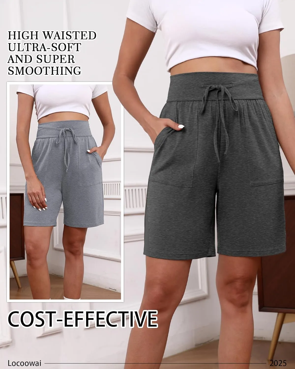 3 Pack Women's Bermuda Shorts High Waist Cotton Drawstring Casual Lounge Athletic Knee Long Shorts with Pockets
