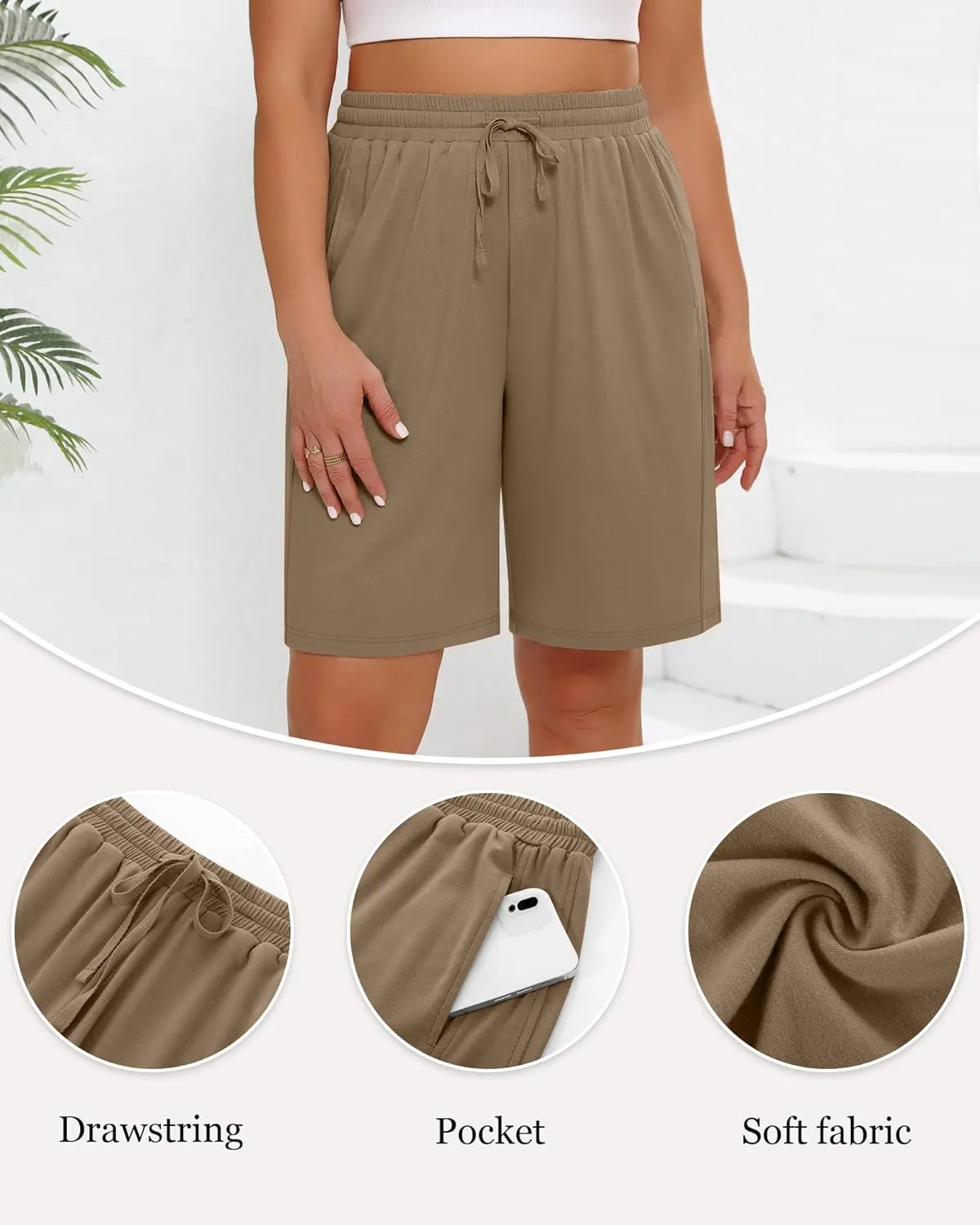 3 Pack Women's Plus Size Bermuda Shorts, Drawstring Elastic Waisted Bermuda Summer Casual Cotton Shorts with Pockets