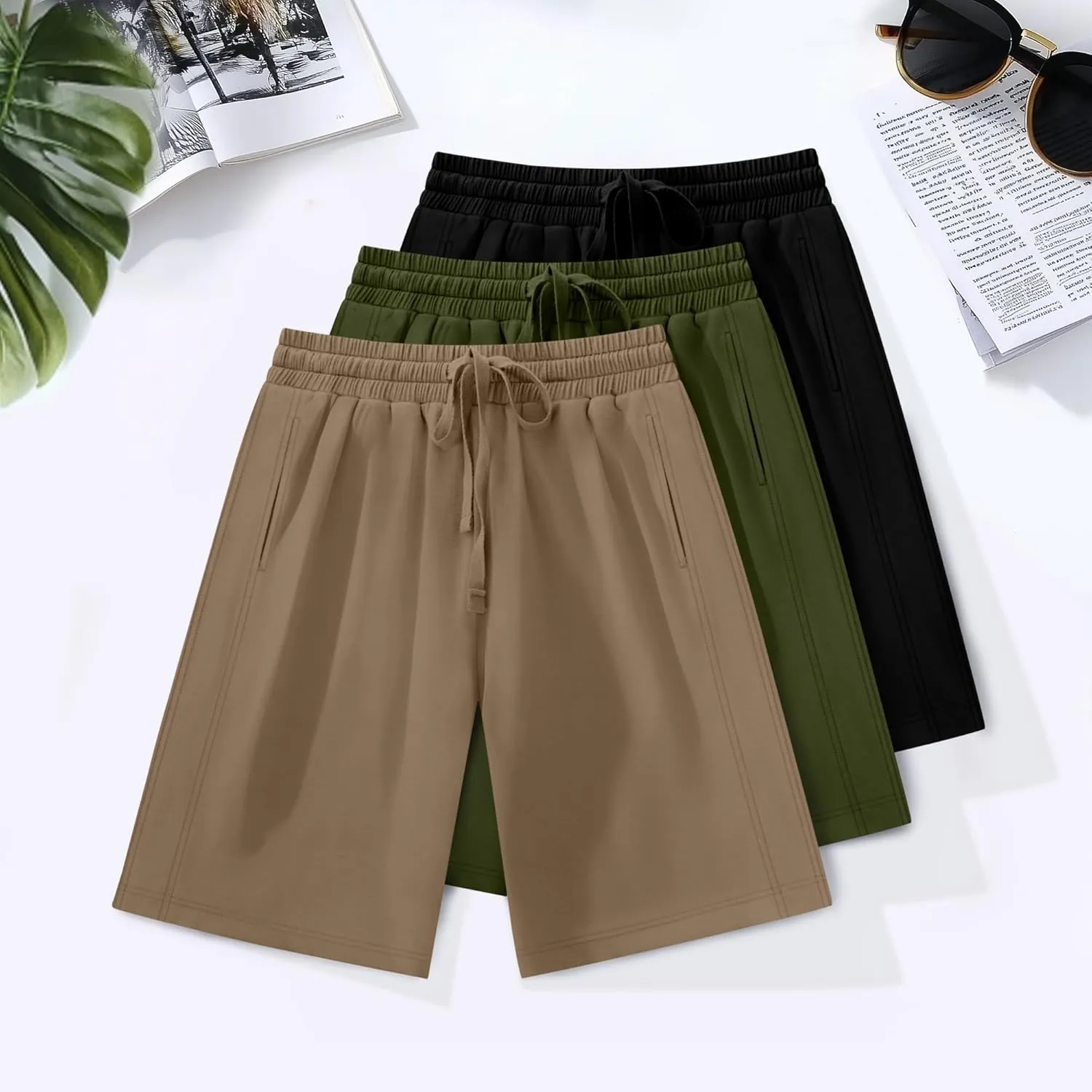 3 Pack Women's Plus Size Bermuda Shorts, Drawstring Elastic Waisted Bermuda Summer Casual Cotton Shorts with Pockets