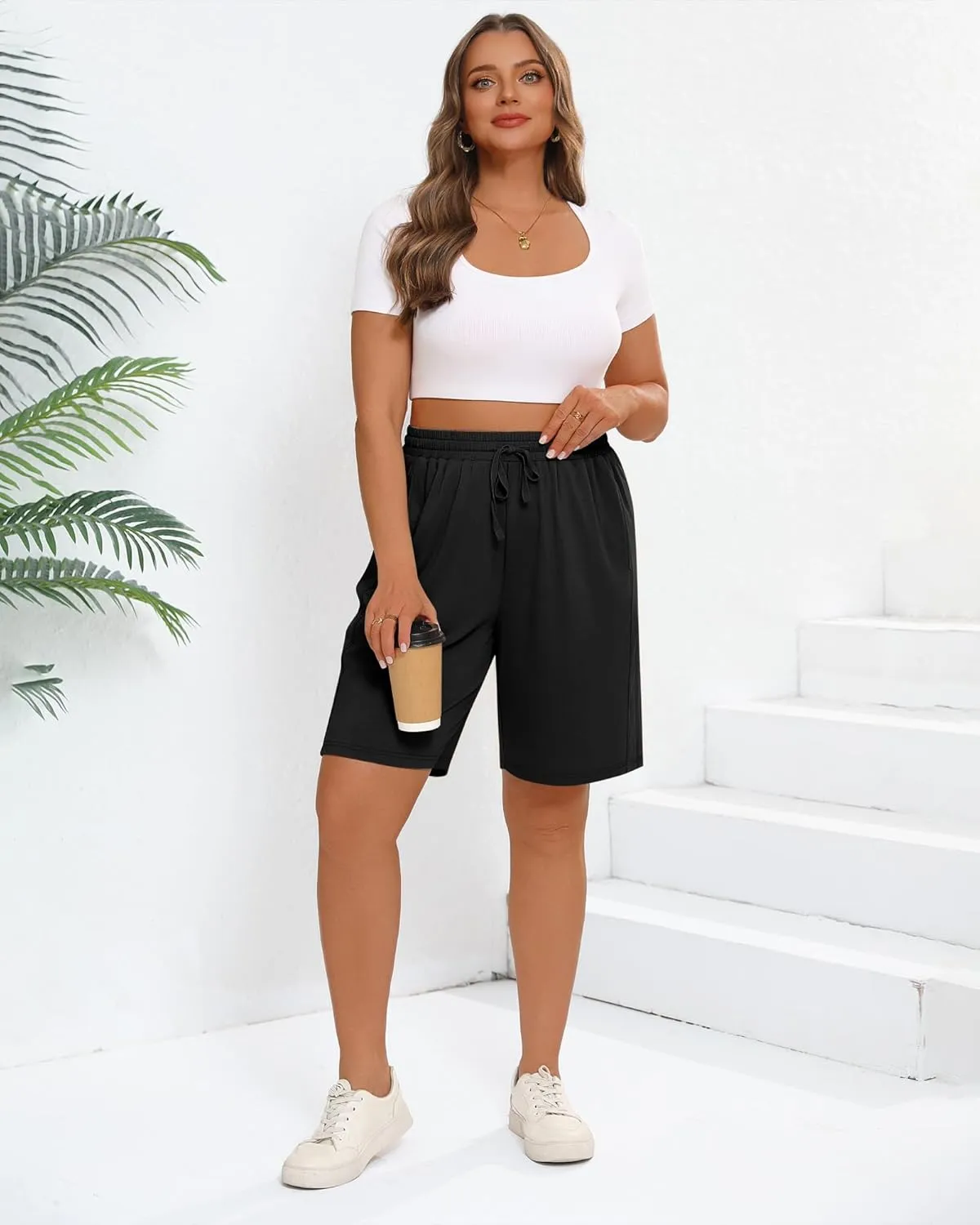 3 Pack Women's Plus Size Bermuda Shorts, Drawstring Elastic Waisted Bermuda Summer Casual Cotton Shorts with Pockets