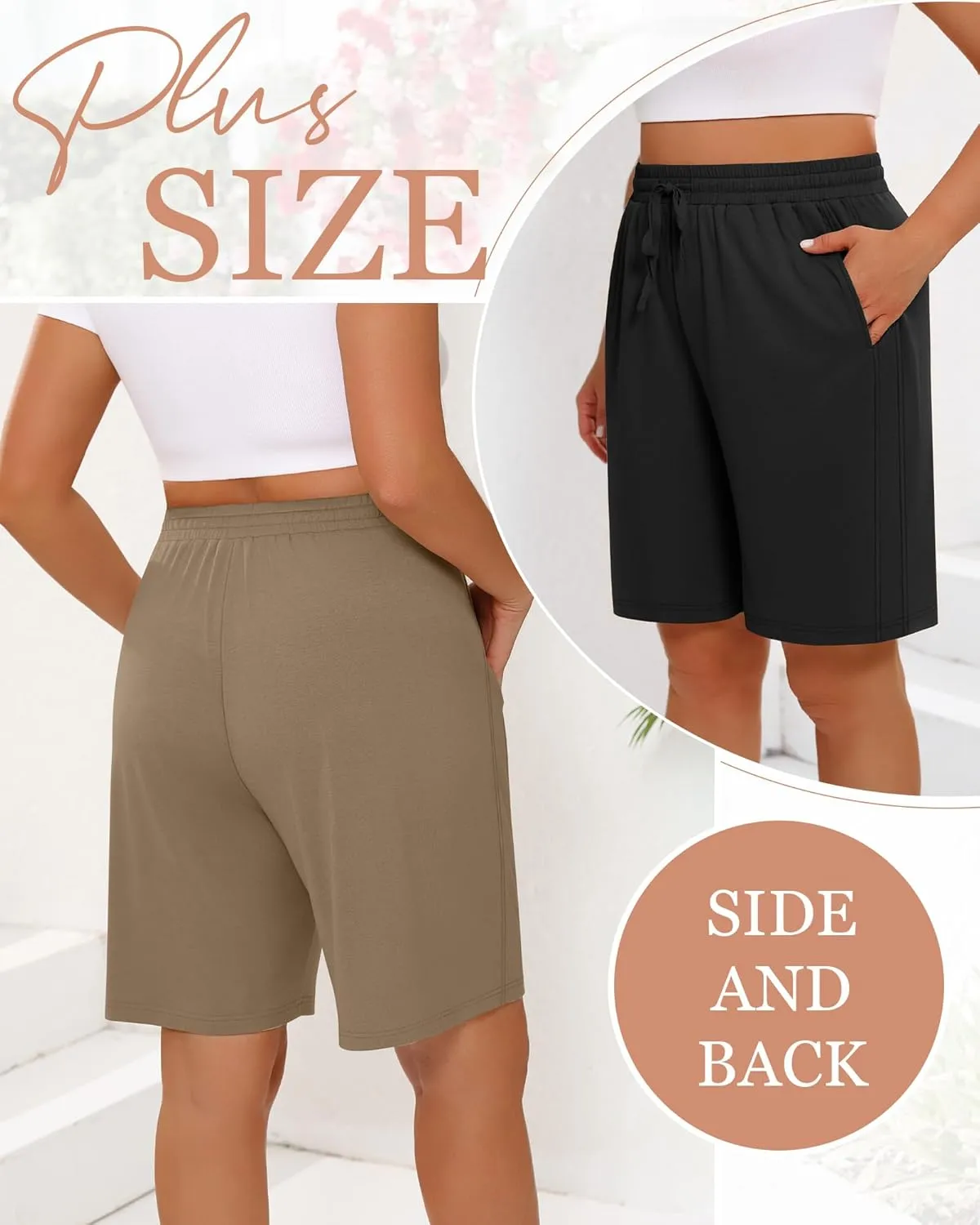 3 Pack Women's Plus Size Bermuda Shorts, Drawstring Elastic Waisted Bermuda Summer Casual Cotton Shorts with Pockets