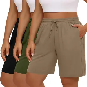 3 Pack Women's Plus Size Bermuda Shorts, Drawstring Elastic Waisted Bermuda Summer Casual Cotton Shorts with Pockets