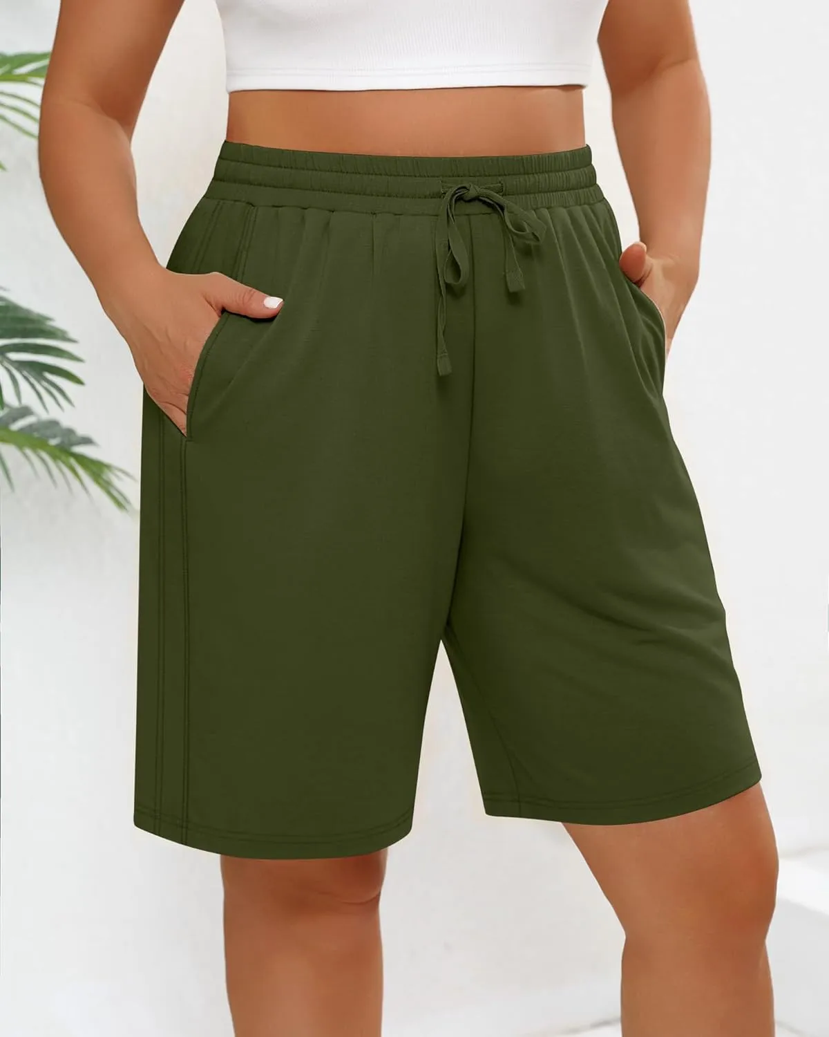 3 Pack Women's Plus Size Bermuda Shorts, Drawstring Elastic Waisted Bermuda Summer Casual Cotton Shorts with Pockets