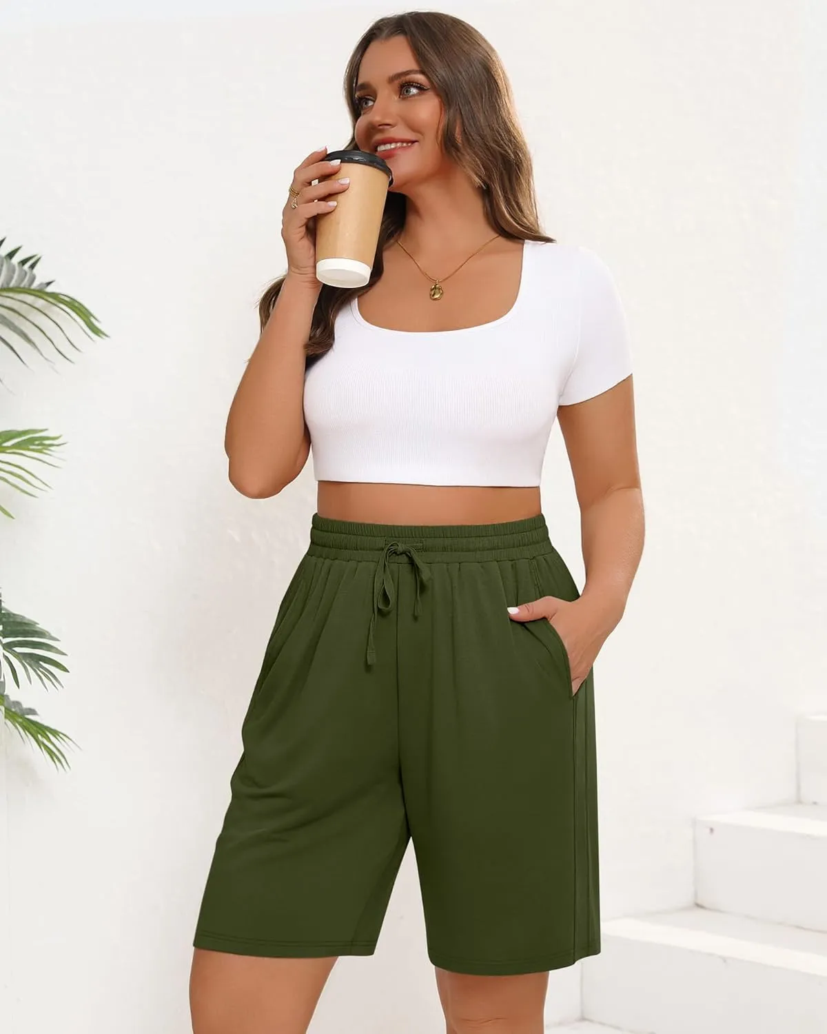 3 Pack Women's Plus Size Bermuda Shorts, Drawstring Elastic Waisted Bermuda Summer Casual Cotton Shorts with Pockets