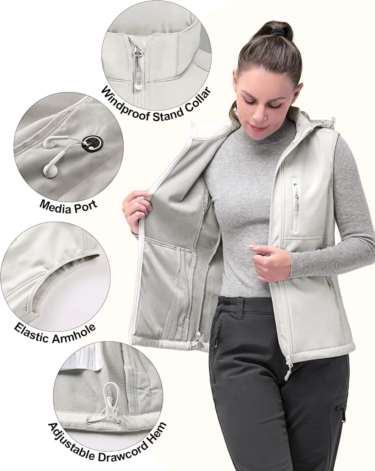 33,000ft Women's Hooded Lightweight Softshell Vest Fleece Lined Windproof Zip Up Sleeveless Jacket for Hiking Golf Running