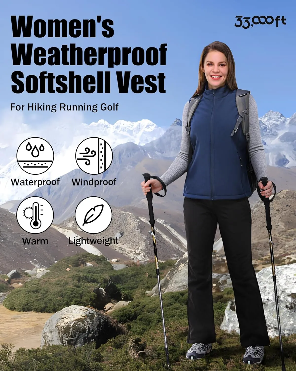 33,000ft Women's Running Vest Fleece Lined Zip Up Windproof Lightweight Softshell Vests Outerwear for Golf Hiking Sports