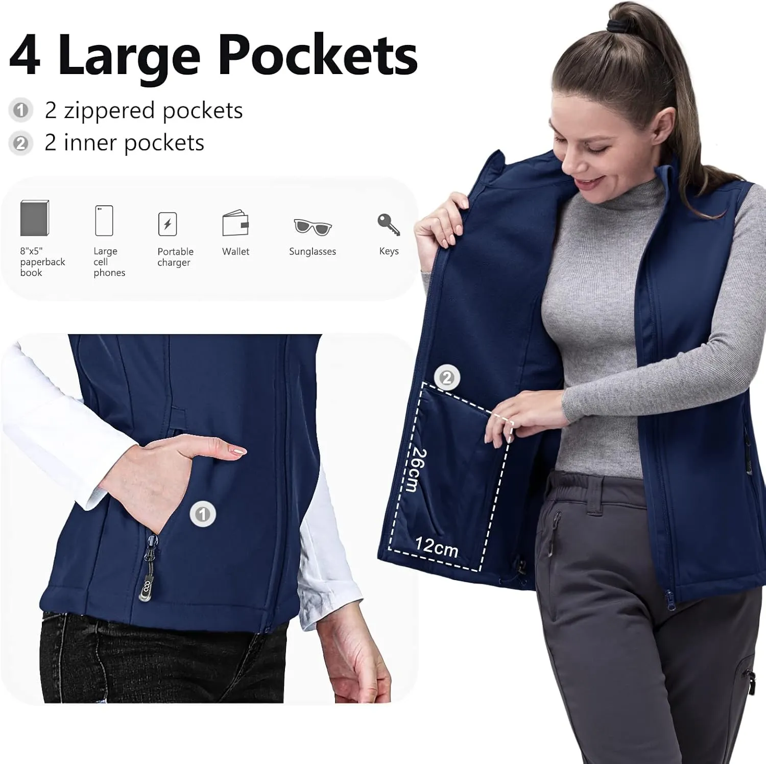 33,000ft Women's Running Vest Fleece Lined Zip Up Windproof Lightweight Softshell Vests Outerwear for Golf Hiking Sports