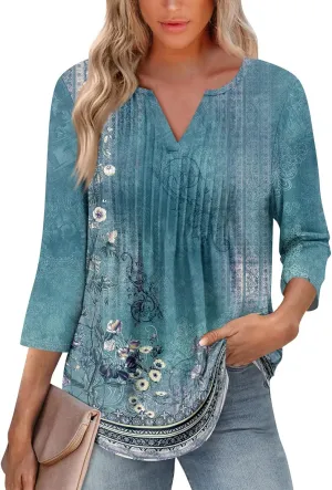 3/4 Sleeve Blouses For Women Dressy Casual V Neck Summer Tops For Women With Leggings Pleated Curved Hem Tunic