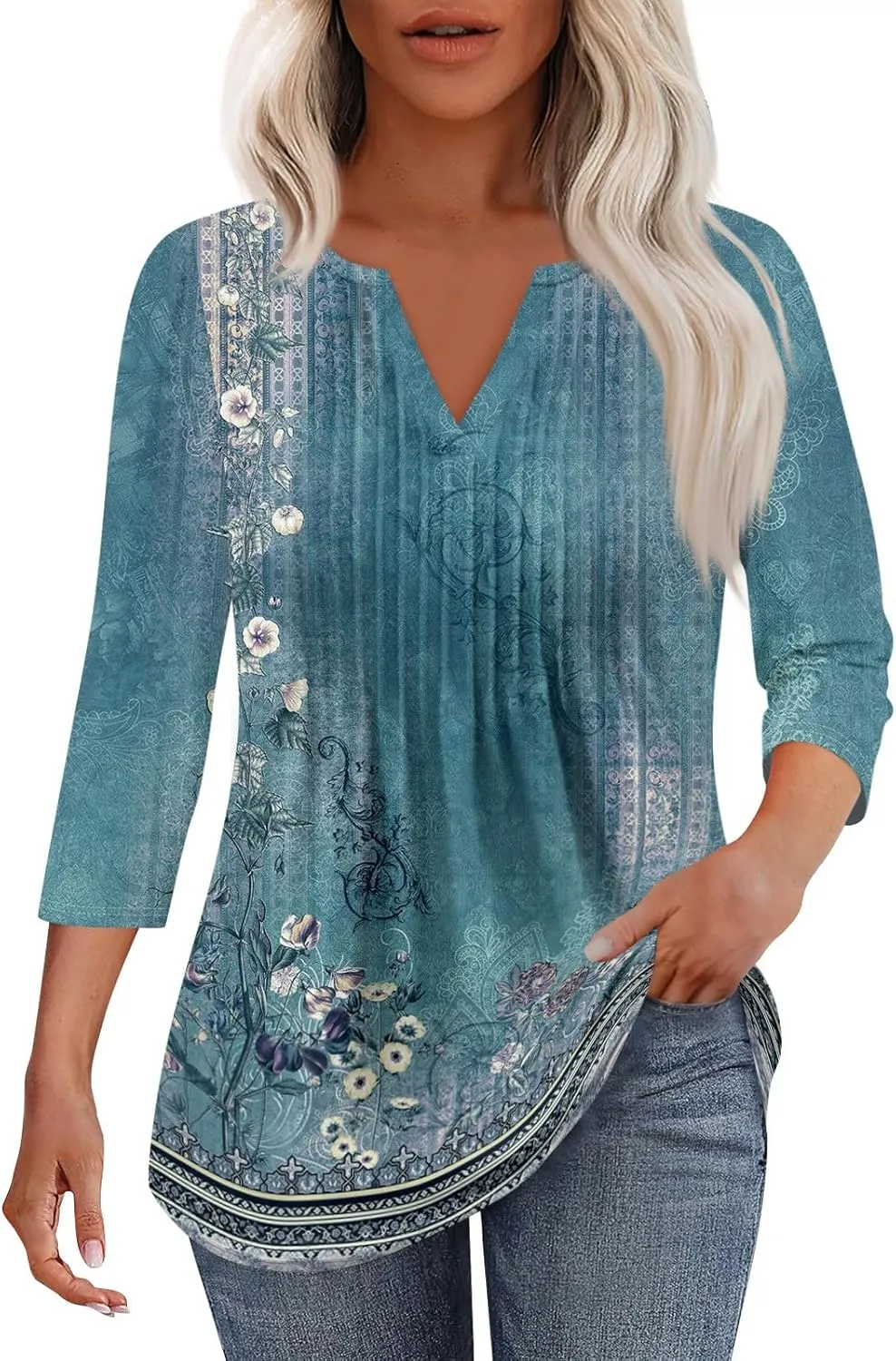 3/4 Sleeve Blouses For Women Dressy Casual V Neck Summer Tops For Women With Leggings Pleated Curved Hem Tunic