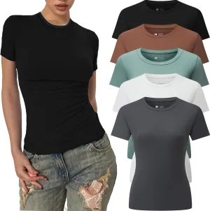 5 Pack Women's Crew Neck Ribbed Fitted Shirt Basic Short Sleeves Summer Bodycon Crop Tunics Going Out T Shirt Tops
