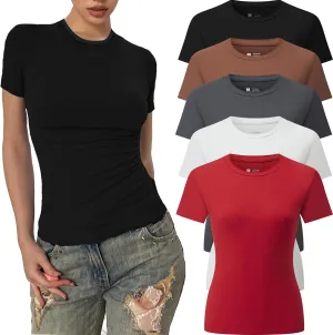 5 Pack Women's Crew Neck Ribbed Fitted Shirt Basic Short Sleeves Summer Bodycon Crop Tunics Going Out T Shirt Tops
