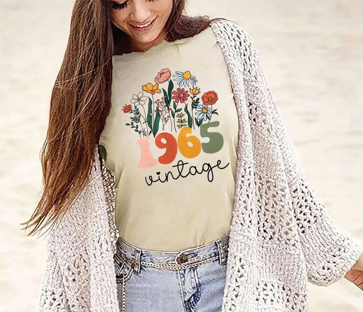 60th Birthday Shirt Women Vintage 1965 T-Shirt Sixty Birthday Party Tee 60 Years Old Birthday Gifts Short Sleeve Top