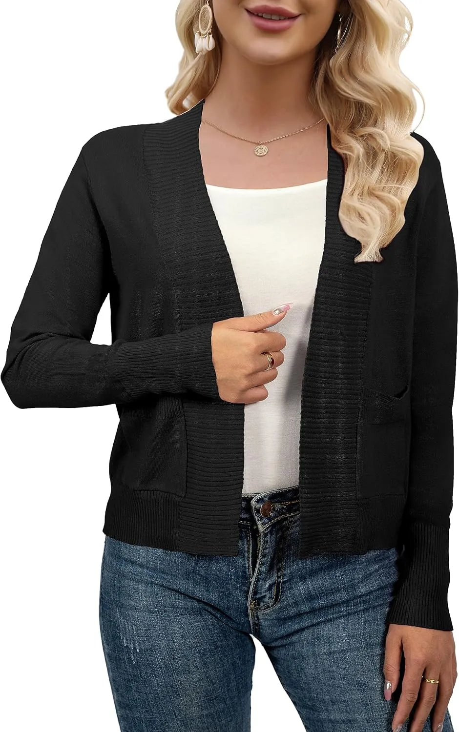 AAMILIFE Womens Long Sleeve Cardigan Knit Sweaters Bolero Open Front Short Shrugs Cropped Cardigan with Pocket