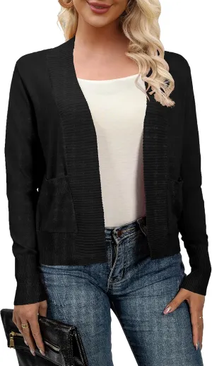 AAMILIFE Womens Long Sleeve Cardigan Knit Sweaters Bolero Open Front Short Shrugs Cropped Cardigan with Pocket