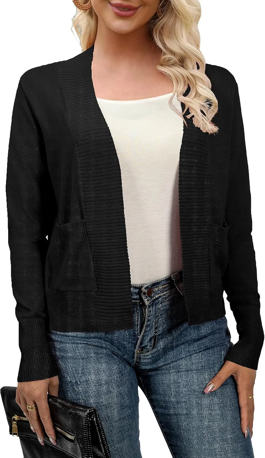 AAMILIFE Womens Long Sleeve Cardigan Knit Sweaters Bolero Open Front Short Shrugs Cropped Cardigan with Pocket