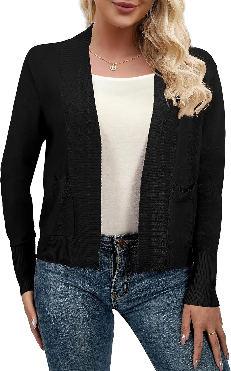 AAMILIFE Womens Long Sleeve Cardigan Knit Sweaters Bolero Open Front Short Shrugs Cropped Cardigan with Pocket