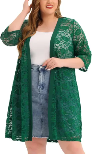 Agnes Orinda Plus Size Cardigans for Women Lace Cardigan Lightweight Crochet 3/4 Sleeve Cover Up Jacket