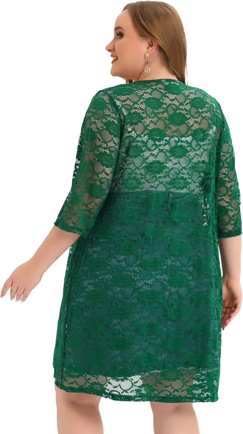 Agnes Orinda Plus Size Cardigans for Women Lace Cardigan Lightweight Crochet 3/4 Sleeve Cover Up Jacket