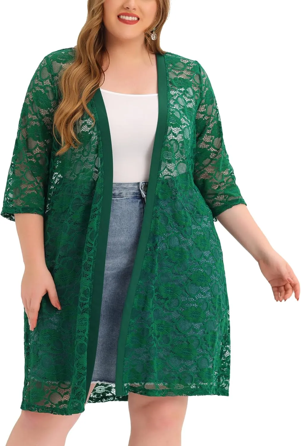 Agnes Orinda Plus Size Cardigans for Women Lace Cardigan Lightweight Crochet 3/4 Sleeve Cover Up Jacket