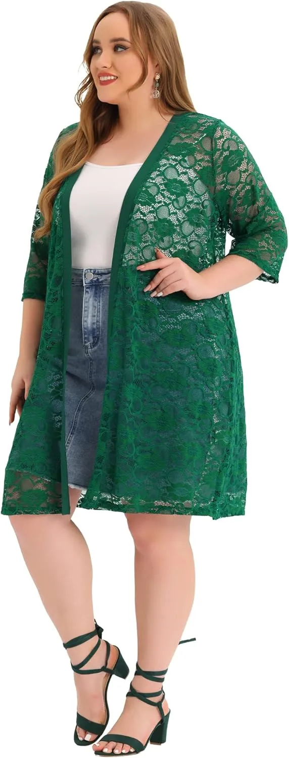 Agnes Orinda Plus Size Cardigans for Women Lace Cardigan Lightweight Crochet 3/4 Sleeve Cover Up Jacket