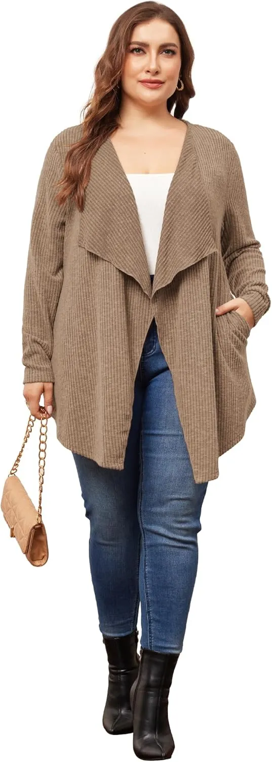 Agnes Orinda Plus Size Sweater Knit Cardigan for Women Open Front Irregular Hem Long Sleeve Cardigan with Pockets