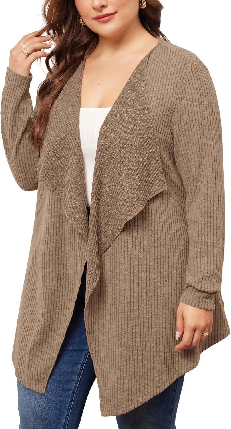 Agnes Orinda Plus Size Sweater Knit Cardigan for Women Open Front Irregular Hem Long Sleeve Cardigan with Pockets