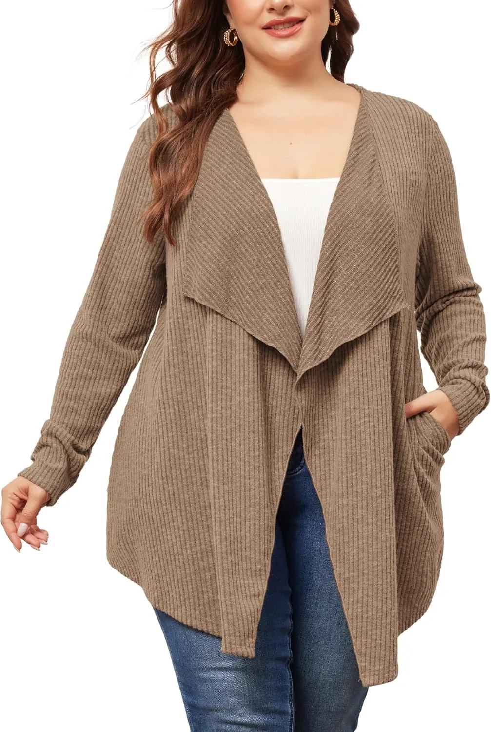Agnes Orinda Plus Size Sweater Knit Cardigan for Women Open Front Irregular Hem Long Sleeve Cardigan with Pockets