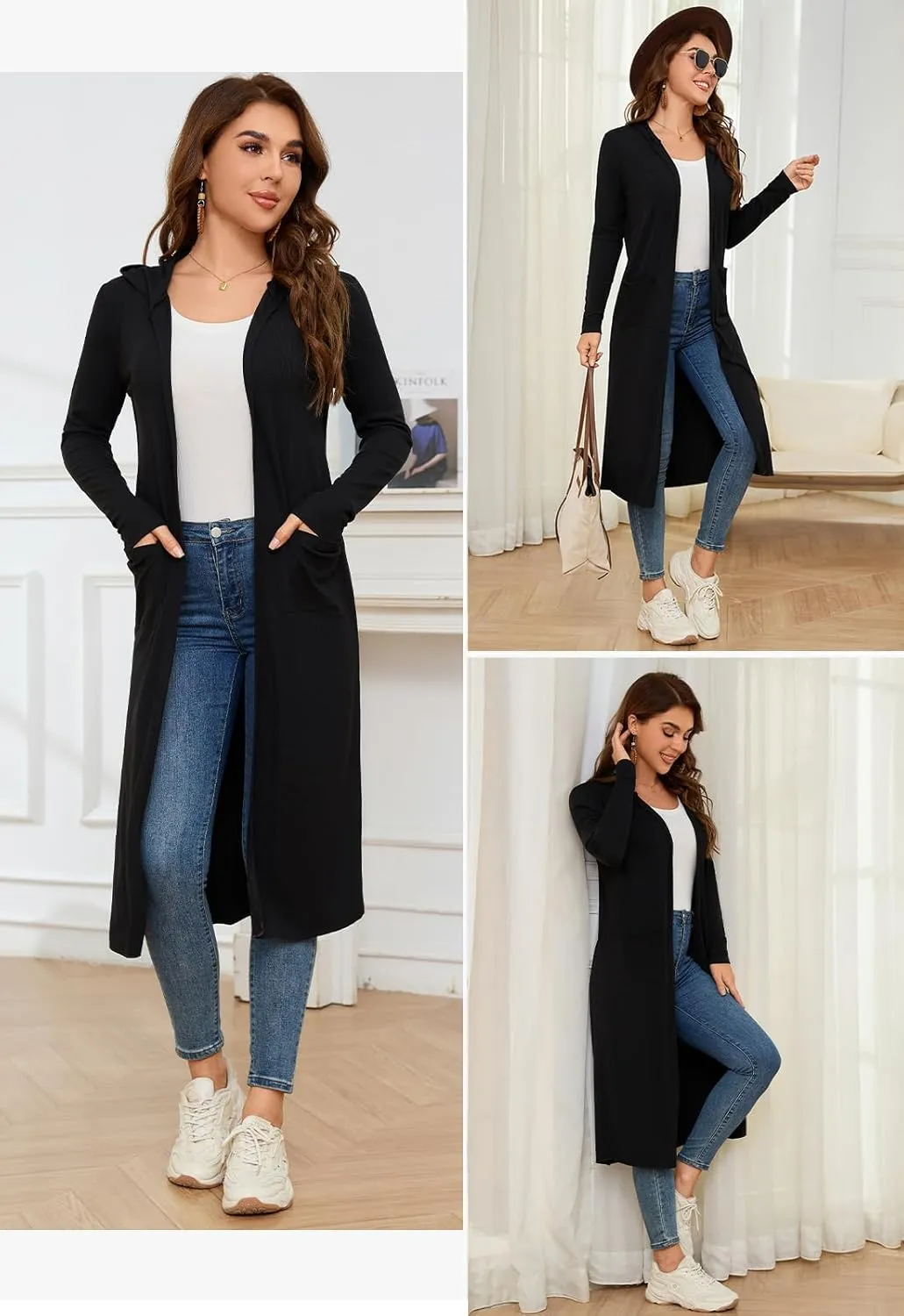 Alaster Queen Women's Hooded Long Cardigans Open Front Long Sleeve Lightweight Cardigan for Women with Pockets