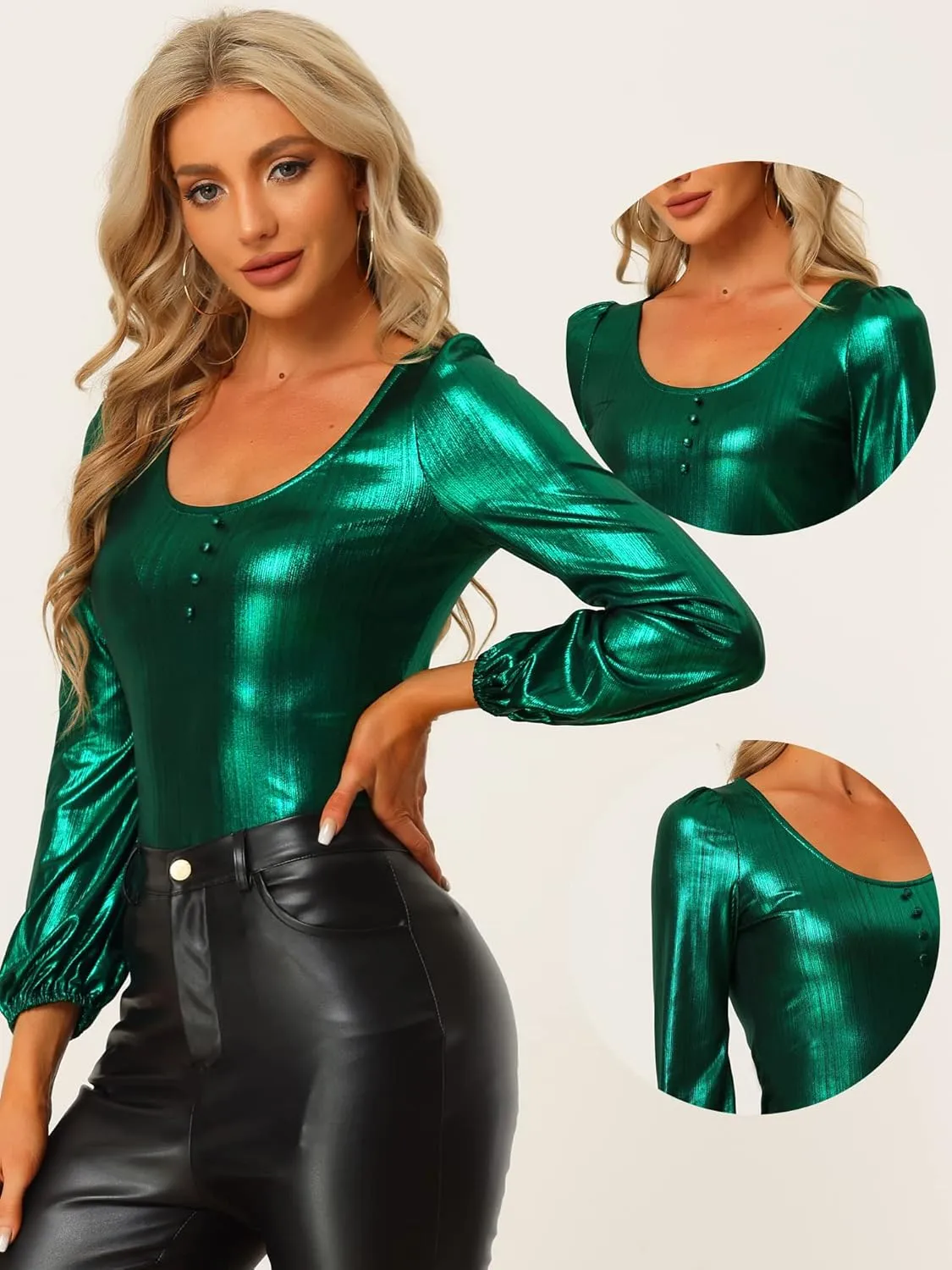 Allegra K Metallic Blouse for Women's Christmas Sparkly Party Shiny Bishop Sleeve Glitter Tops