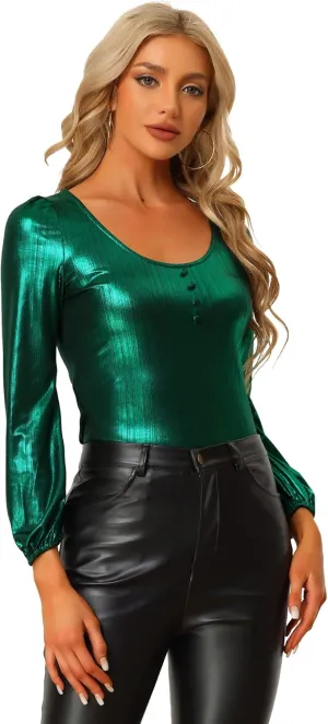 Allegra K Metallic Blouse for Women's Christmas Sparkly Party Shiny Bishop Sleeve Glitter Tops