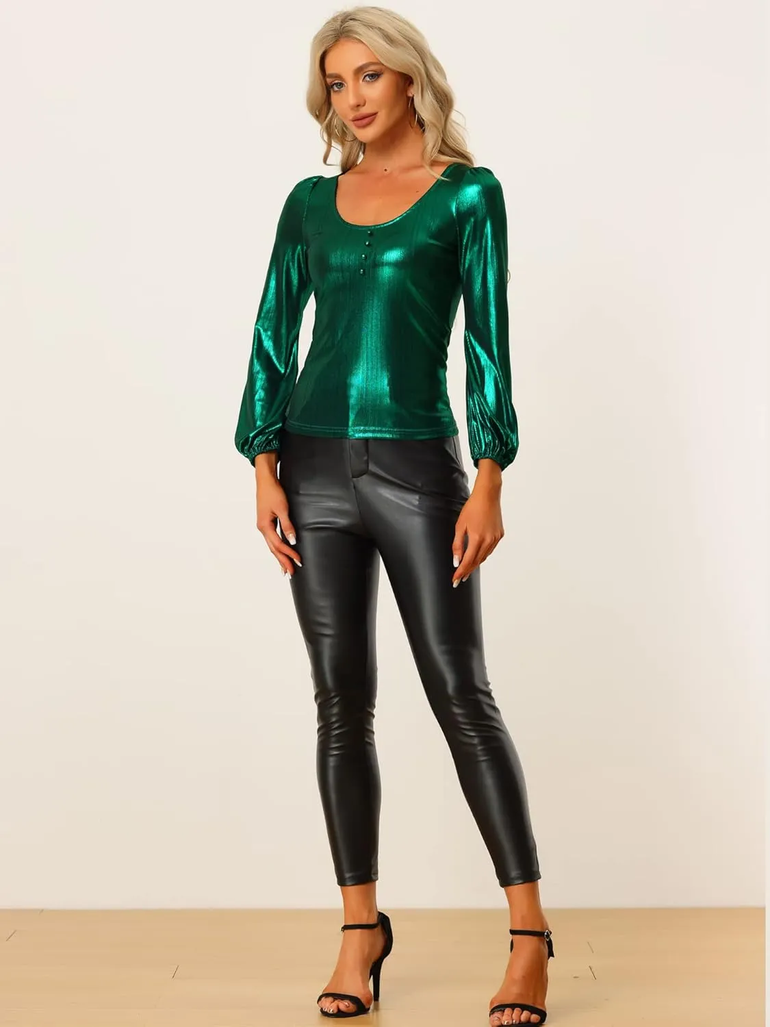 Allegra K Metallic Blouse for Women's Christmas Sparkly Party Shiny Bishop Sleeve Glitter Tops