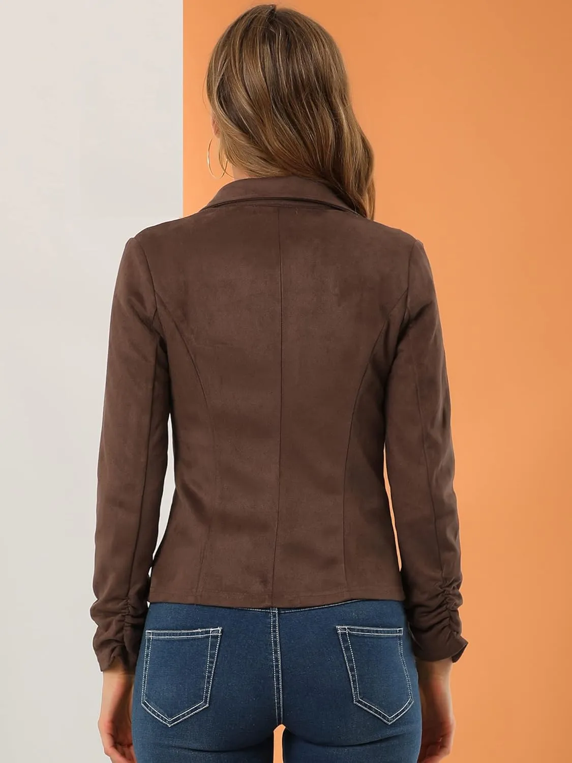 Allegra K Women's Long Sleeve Casual Open Front Drawstring Faux Suede Blazer