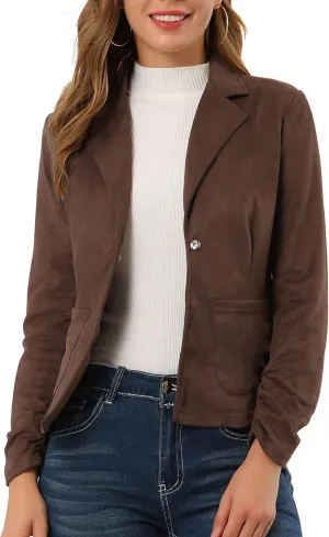 Allegra K Women's Long Sleeve Casual Open Front Drawstring Faux Suede Blazer