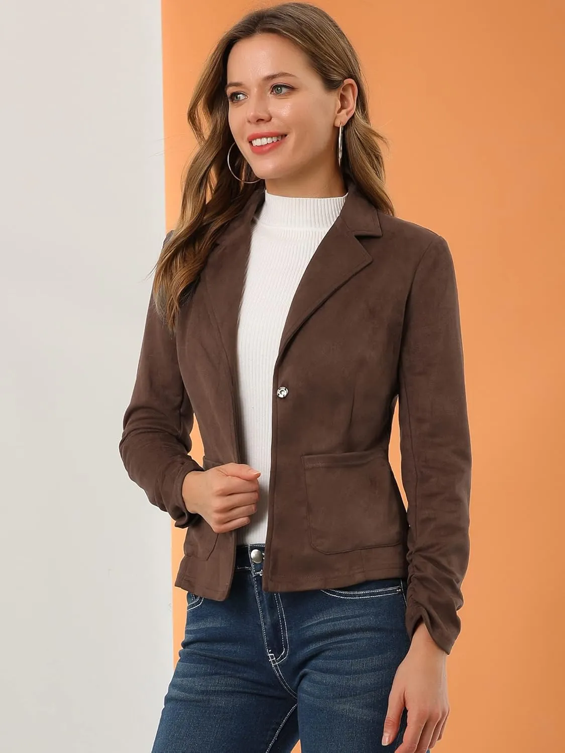 Allegra K Women's Long Sleeve Casual Open Front Drawstring Faux Suede Blazer