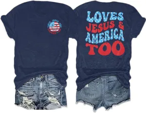 ALLTB 4th of July Shirt Women Loves Jesus and America Too Shirts Patriotic Tshirt Christian Short Sleeve Tee Top