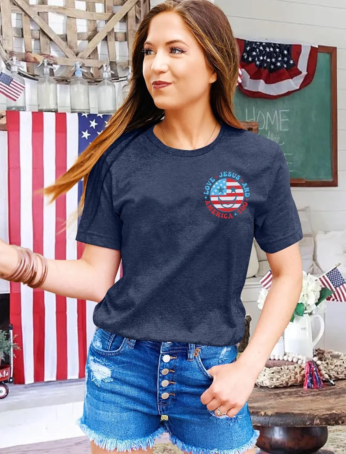 ALLTB 4th of July Shirt Women Loves Jesus and America Too Shirts Patriotic Tshirt Christian Short Sleeve Tee Top