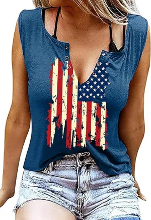 American Flag Wing Criss-Cross Open Back Tank Women Patriotic Shirt Flag Print Sleeveless T-Shirt 4th of July Tank Top