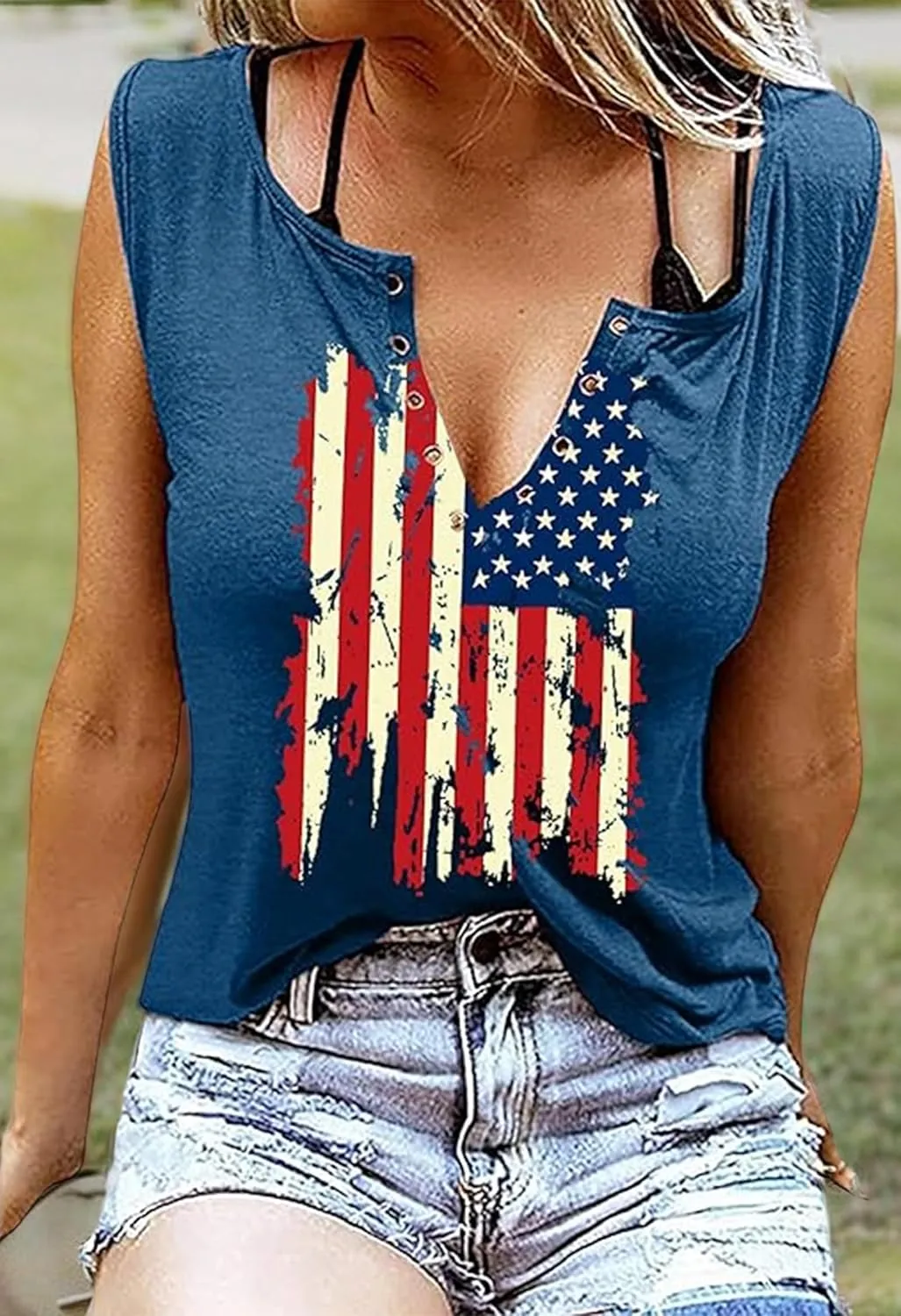 American Flag Wing Criss-Cross Open Back Tank Women Patriotic Shirt Flag Print Sleeveless T-Shirt 4th of July Tank Top