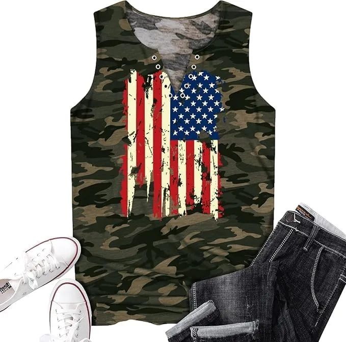 American Flag Wing Criss-Cross Open Back Tank Women Patriotic Shirt Flag Print Sleeveless T-Shirt 4th of July Tank Top