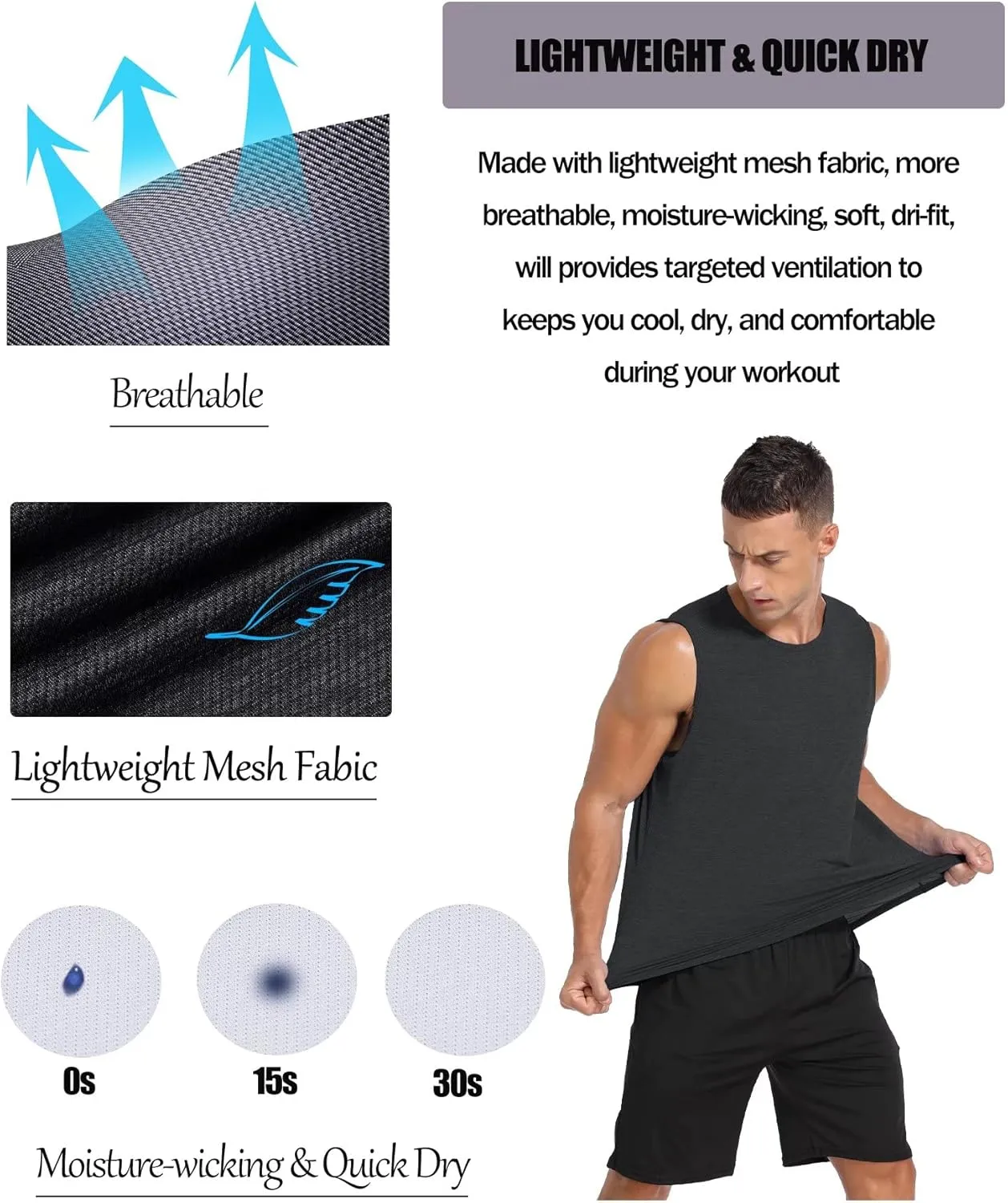 Amussiar Men's 3 Pack Workout Tank Tops Mesh Gym Sleeveless Dry Fit Bodybuilding Shirts Fitness Athletic Muscle Tee
